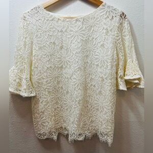 NANETTE LEPORE WOMENS SIZE S OFF WHITE LACE RUFFLE SHORT SLEEVE TOP